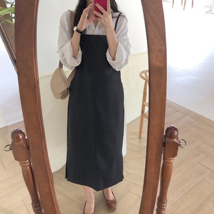 2025背带方领细肩带无袖外搭吊带A字抹胸连衣裙中长款长裙女大码