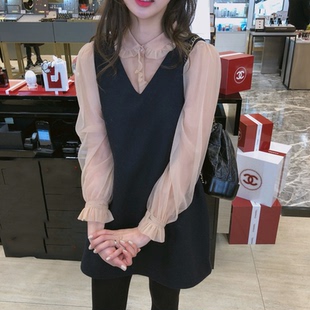 春夏宽松黑色罗马棉V领无袖外搭马甲背心裙中长款A字连衣裙子女装