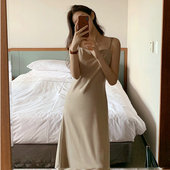 夏新款 平领细肩带系带收腰a字连衣裙长裙女吊带内搭显瘦简约打底