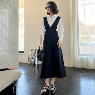春款黑色罗马棉V领A字收腰背心裙中长款连衣裙背带裙女装无袖显瘦
