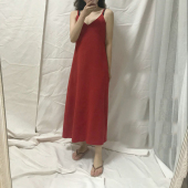 大红V领长款 内搭打底雪纺吊带裙A字长款 连衣裙沙滩度假长裙女春夏