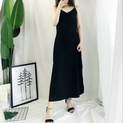 遮副乳细肩带春夏v领雪纺无袖背心打底衫A字吊带长款连衣裙女开叉