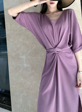 2023春紫色V领收腰绑带七分袖连衣裙直筒法式赫本轻熟温柔风气质