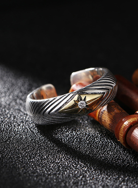 男士镶钻波浪条纹开口戒指泰银