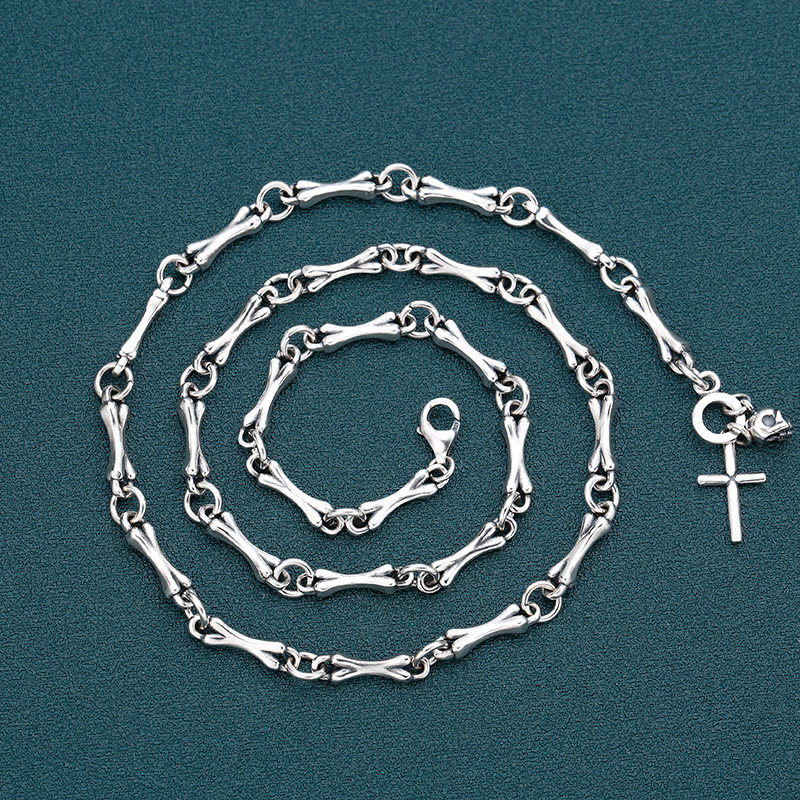 S925纯银饰品 男女个性骨头拼接竹节项链 泰银复古朋克骷髅头银链