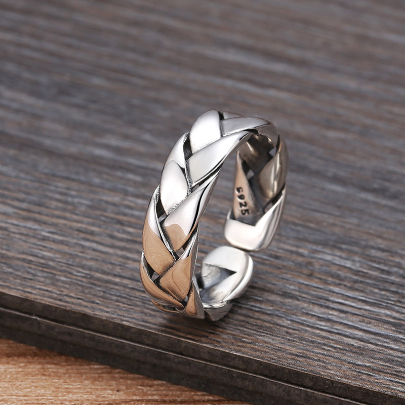 S925纯银镂空戒指女ins潮泰银复古麻花麻绳编织情侣简约开口指环