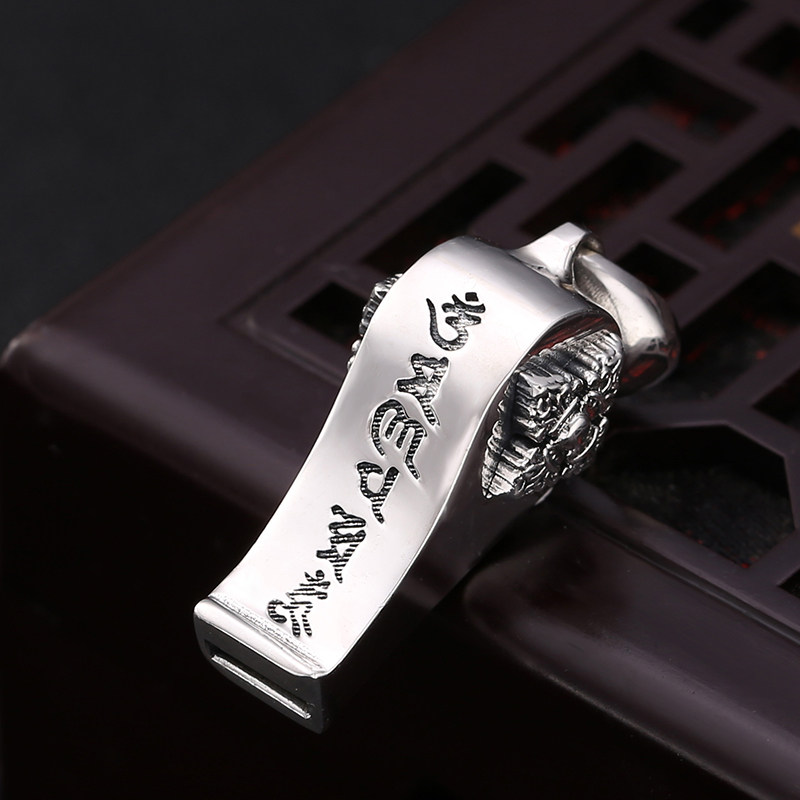 S925纯银饰品 个性创意六字真言口哨吊坠 泰银复古金刚杵光面哨子