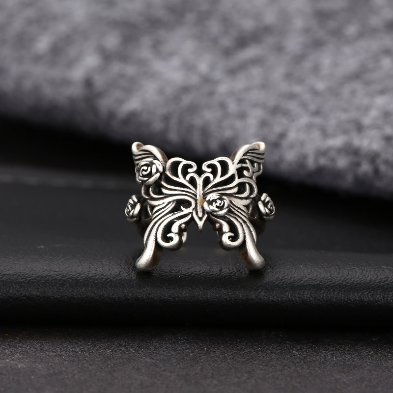 燕子推荐S925纯银复古做旧蝴蝶玫瑰尾戒 小众设计感 百搭开口指环