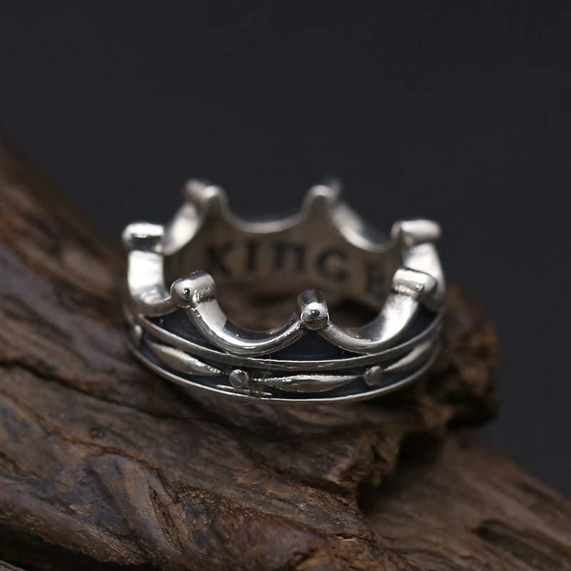 S925纯银饰品个性欧美皇冠戒指男女款做旧中指戒时尚泰银指环包邮