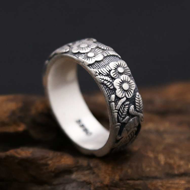 99足银饰品纯银梅花磨砂戒指男女情侣对戒亚光版手工简约复古戒指