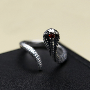 S925纯银戒指写实眼镜蛇戒指带钻版男女开口指环复古泰银做旧尾戒