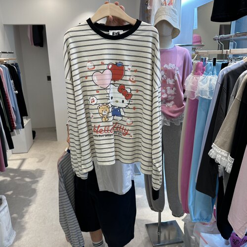 包邮！韩国东大门正品代购26秋新EVE圆领条纹宽松卡通长袖T恤女