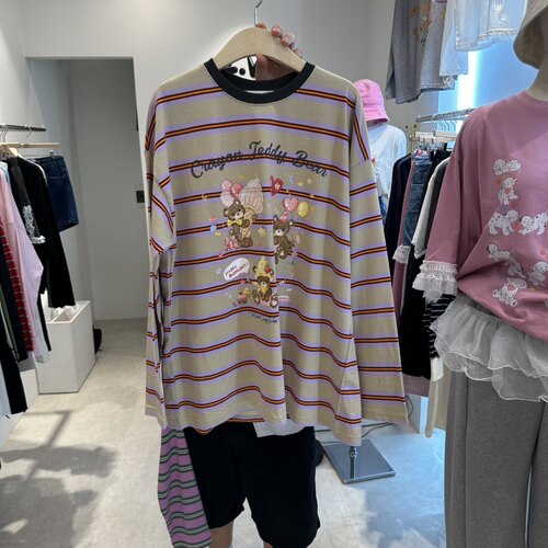 包邮！韩国东大门正品代购26秋新EVE圆领宽松卡通条纹长袖T恤女