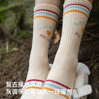 靴下物袜子女中筒袜纯棉撞色小腿袜复古简约毛圈底运动长筒袜子