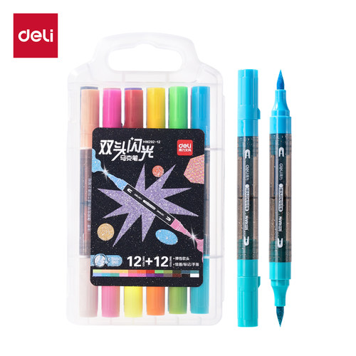 得力HM292-12 24 36色_PP盒圆杆双头闪光马克笔(混)(24色盒)