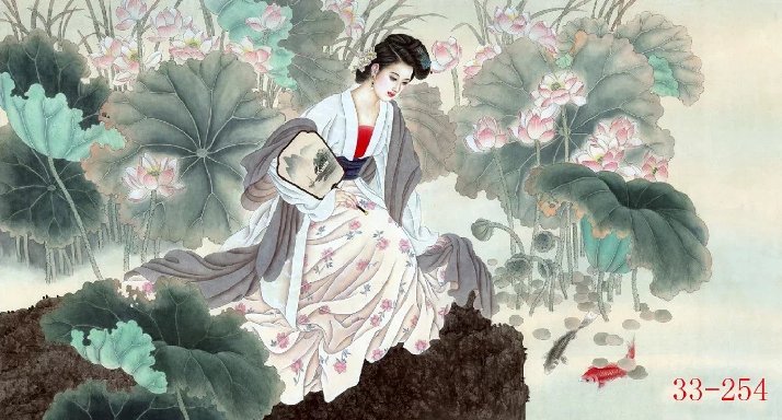 国画古装美女荷塘美人图客厅办公室会议室茶楼装饰画宣纸h-254