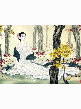 国画人物画绢布字画客厅餐厅沙发背景墙墙面贴画挂画红树林中观景