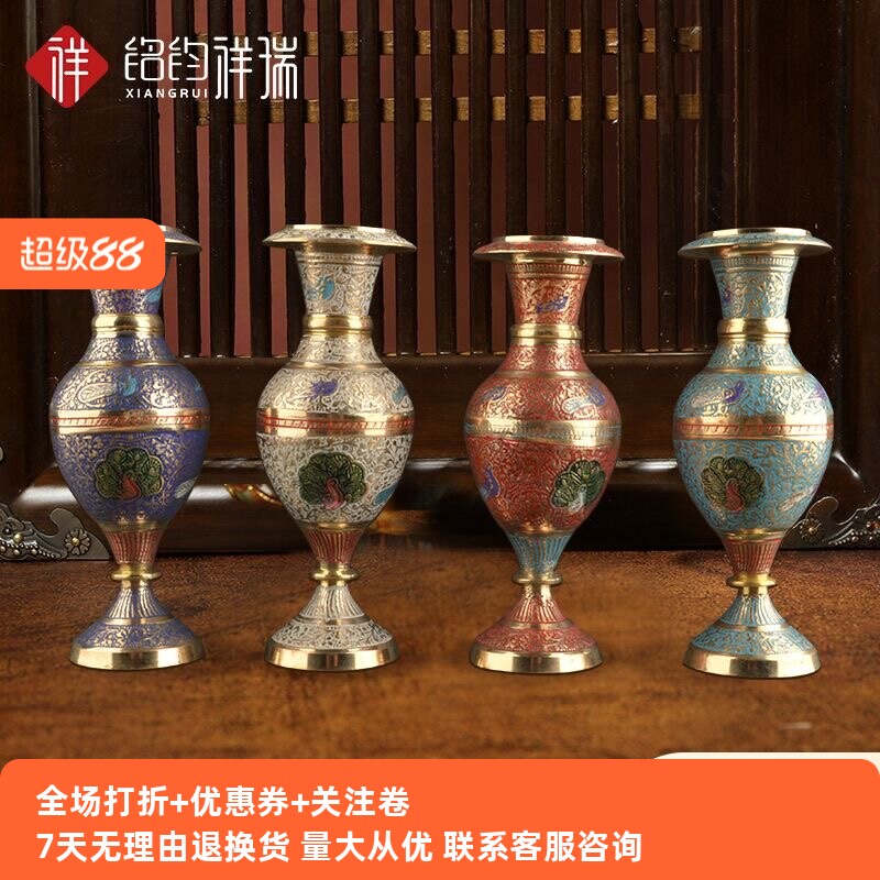 藏传印度铜器打结花瓶铜雕手工艺品孔雀漆彩铜花瓶礼品摆件