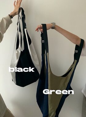买菜都像是逛韩国书店~！日系感 复古拼色单肩休闲大容量帆布大包