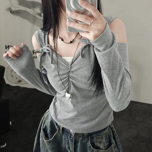 甜酷辣妹显瘦收腰百搭上衣 T恤 夏日小记 芭蕾风蝴蝶结露肩长袖