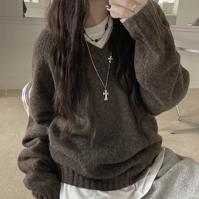 秋天日记 复古纯色V领针织衫毛衣 日系休闲减龄套头宽松长袖上衣