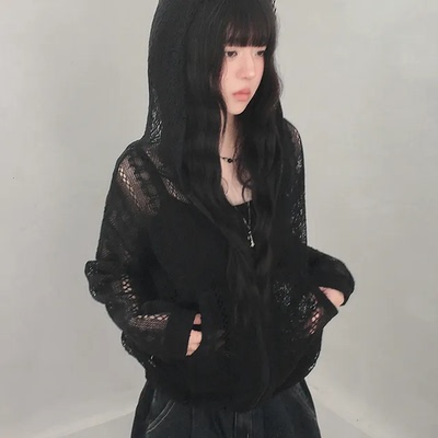 预习秋天 蕾丝透视针织拉链连帽宽松开衫 休闲防晒薄款上衣外套