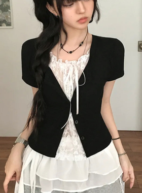 夏日小记 芭蕾风蕾丝系带短袖T恤 纯欲风辣妹短款百搭黑色上衣