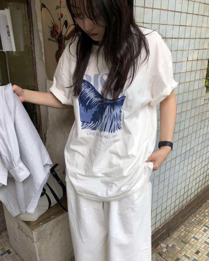 夏日大作战 清新海浪印花短袖T恤 ins风休闲美式圆领宽松白色上衣