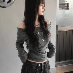 T恤 长袖 甜酷辣妹风收腰露肩百搭上衣 设计感荡领修身 预习秋天