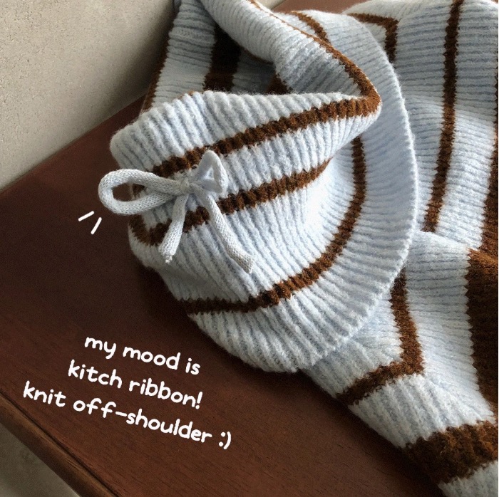 浪漫圣诞月 蝴蝶结撞色条纹露肩针织衫毛衣 纯欲风修身一字领上衣