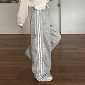 松紧腰运动直筒显瘦百搭灰色长裤 夏日小记 芭蕾风蕾丝花边休闲裤