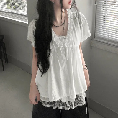 夏日小记 荷叶边芭蕾泡泡袖短袖衬衫 甜美百搭宽松系带上衣