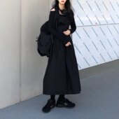 复古长袖 ALL 连衣裙 一字领波浪边T恤 背带长裙 BALCK 暗黑系少女