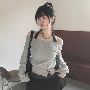 新年进行时 叠穿系甜酷挂脖长袖T恤 辣妹风两件套百搭上衣