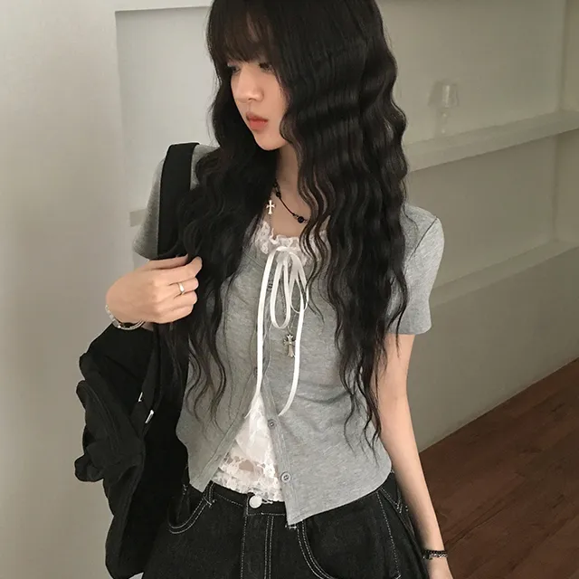夏日小记 芭蕾风蕾丝系带短袖T恤 纯欲风辣妹短款百搭灰色上衣