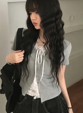 夏日小记 芭蕾风蕾丝系带短袖T恤 纯欲风辣妹短款百搭灰色上衣