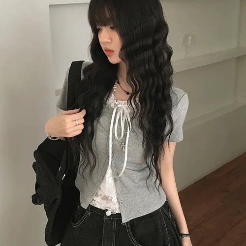 夏日小记 芭蕾风蕾丝系带短袖T恤 纯欲风辣妹短款百搭灰色上衣