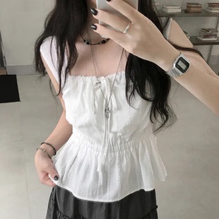 上衣 纯欲风温柔休闲宽松无袖 夏日小记 芭蕾风荷叶边收腰吊带小衫