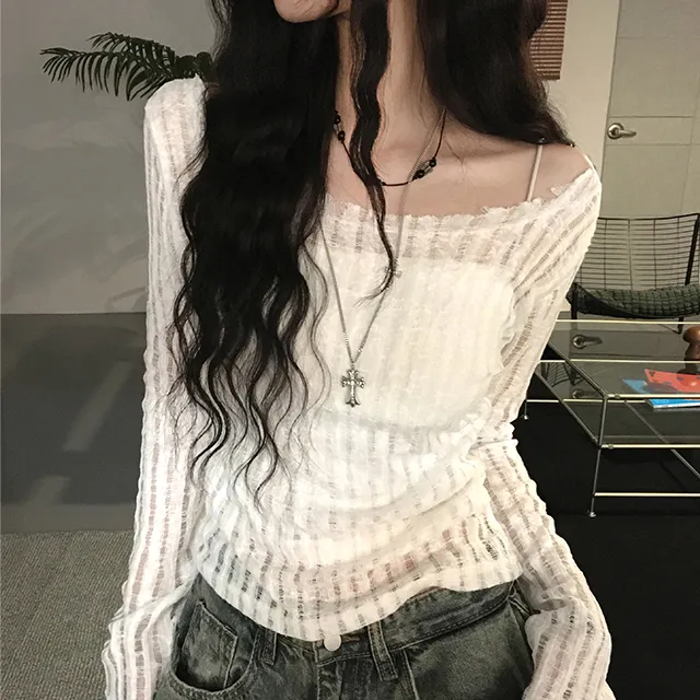 夏日小记 破洞设计透视防晒长袖T恤 纯欲风辣妹修身显瘦薄款上衣