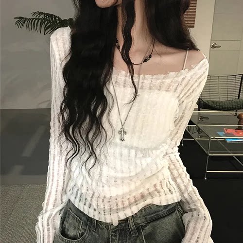 夏日小记 破洞设计透视防晒长袖T恤 纯欲风辣妹修身显瘦薄款上衣
