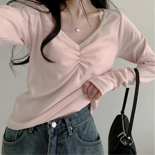 主题都是草莓味~ 少女纯欲系上衣 可爱温柔粉色奶油V领长袖T恤春