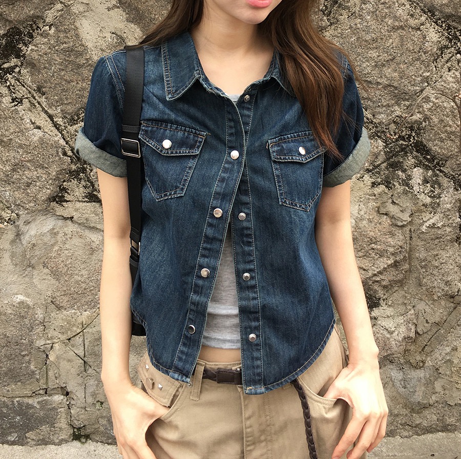 夏日小记 复古牛仔口袋短袖衬衫 美式休闲宽松显瘦百搭短款上衣