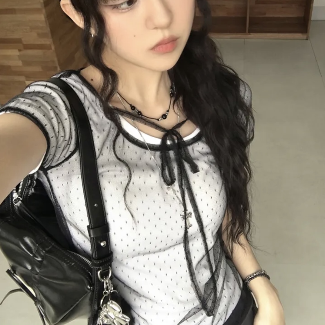 夏日小记 芭蕾风圆点透视蝴蝶结短袖T恤 甜酷辣妹防晒薄款上衣