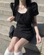 纯欲风辣妹法式 泡泡袖 连衣裙 方领复古抽褶短袖 收腰短裙 小黑裙
