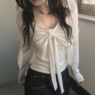 春天记事簿 蝴蝶结芭蕾吊带+防晒开衫 纯欲风波点百搭上衣两件套