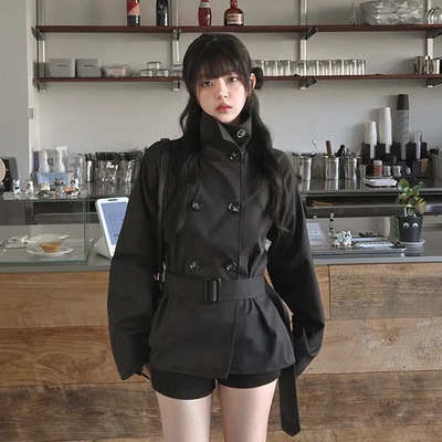 预习春天 双扣高领系带短款风衣外套 美式单排扣收腰夹克百搭上衣