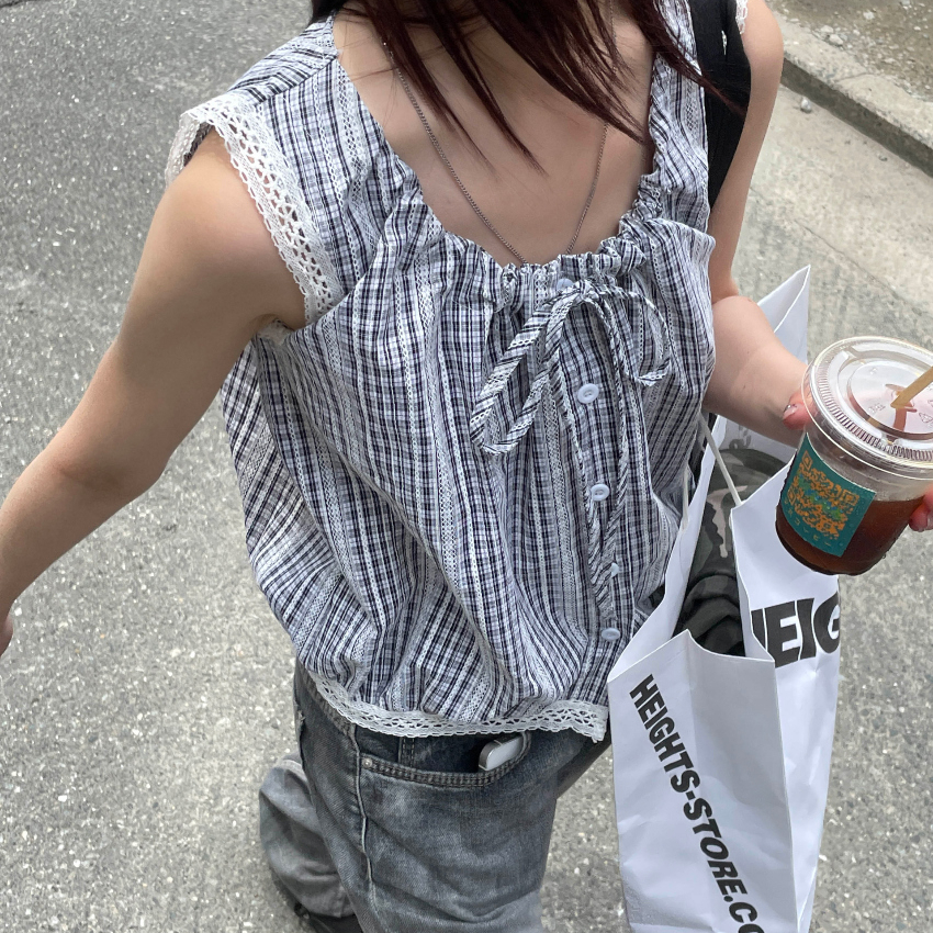 春天记事簿 蝴蝶结格纹系带无袖衬衫 日系休闲宽松格子背心上衣