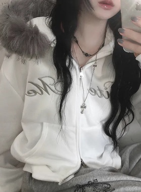 预习冬天 温暖毛领双向拉链连帽卫衣 甜酷辣妹风美式休闲外套上衣