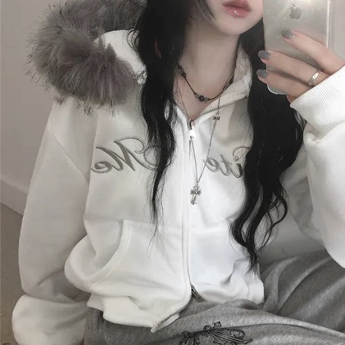 预习冬天 温暖毛领双向拉链连帽卫衣 甜酷辣妹风美式休闲外套上衣