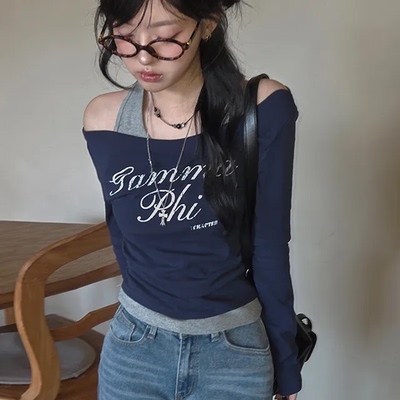 预习春天 侧边褶皱字母撞色露肩印花长袖T恤 辣妹短款百搭上衣